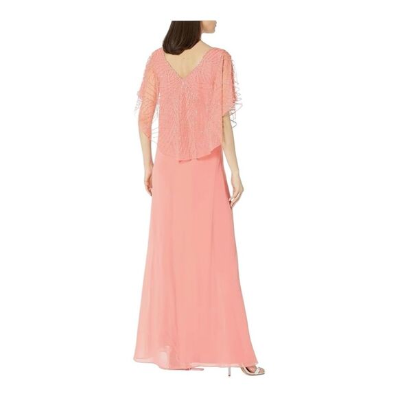 NWT J Kara Women's Geometrical Capelet Beaded Maxi Dress Coral v neck sz 18‎ - Picture 2 of 13